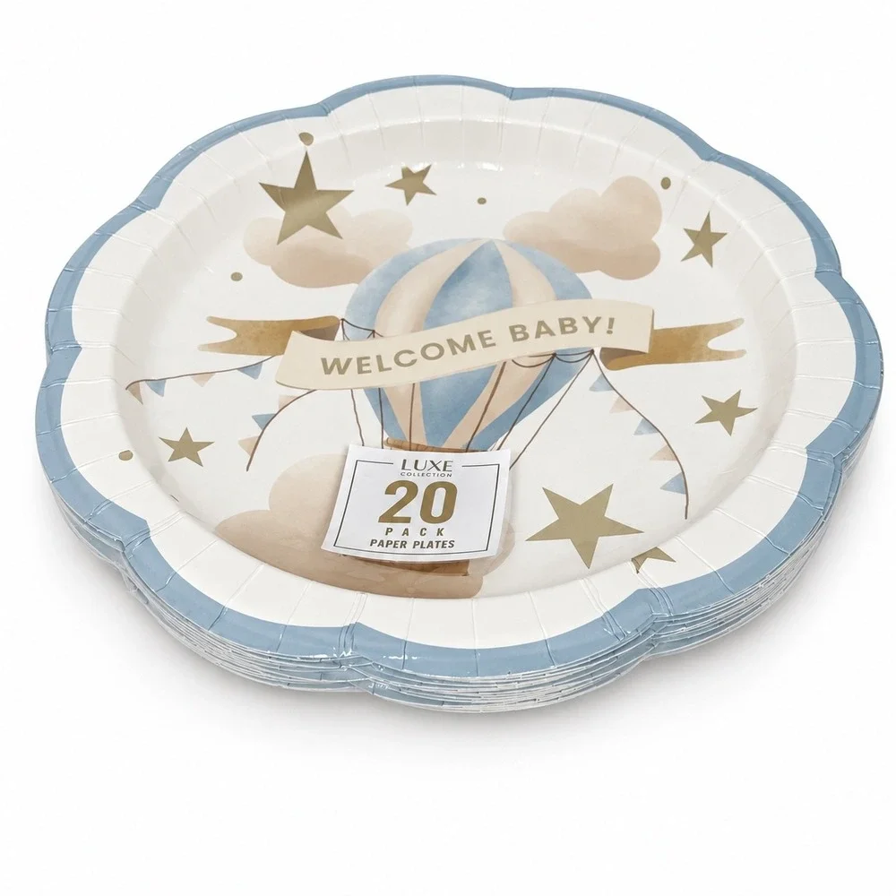 Luxe Collection Welcome Baby Hot Air Balloon Paper Plates 20 Pk Blue Gold 110-82
